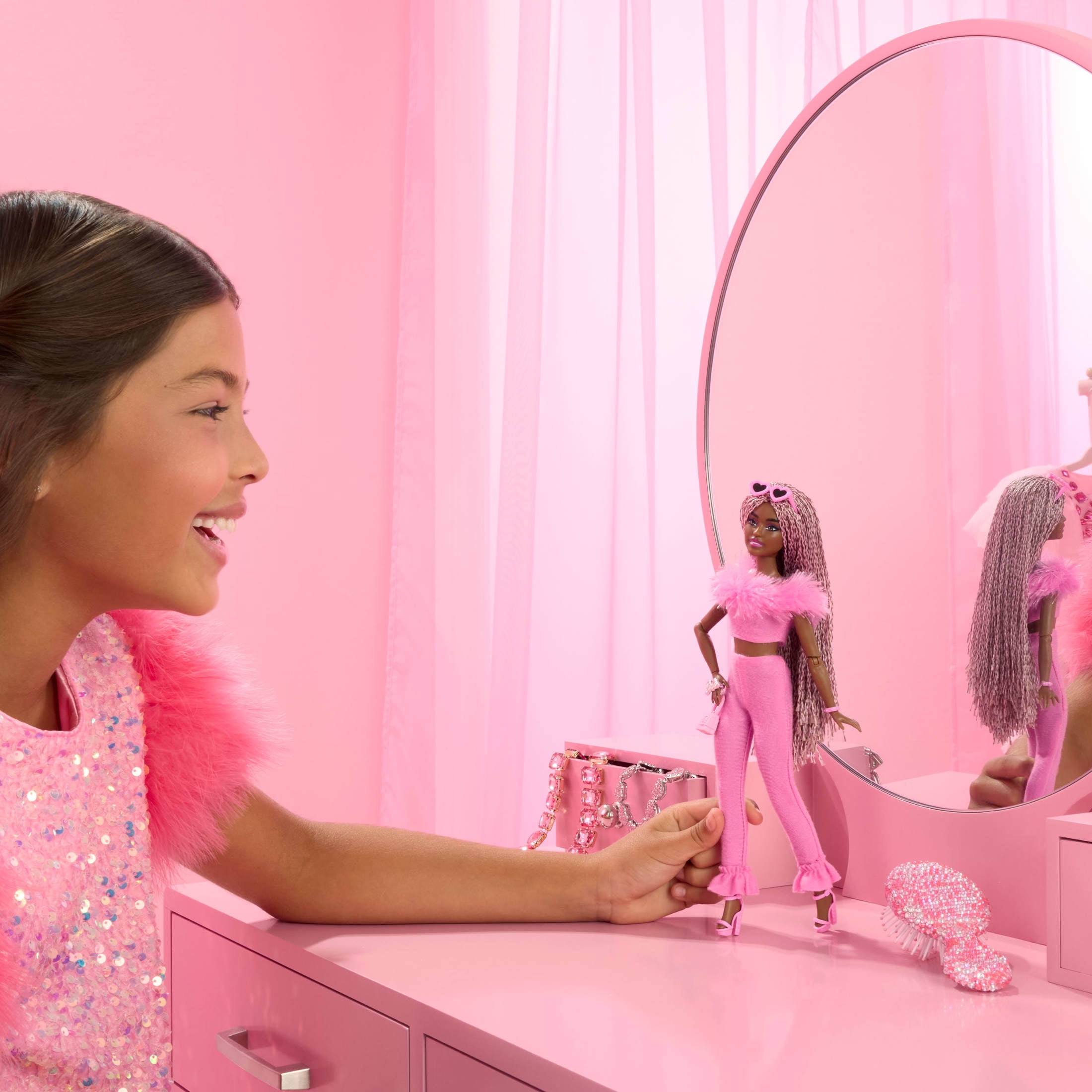Barbie Deluxe Style Doll #4 in Barbiecore Soft Pink Jumpsuit Outfit, Braids and Fun Accessories