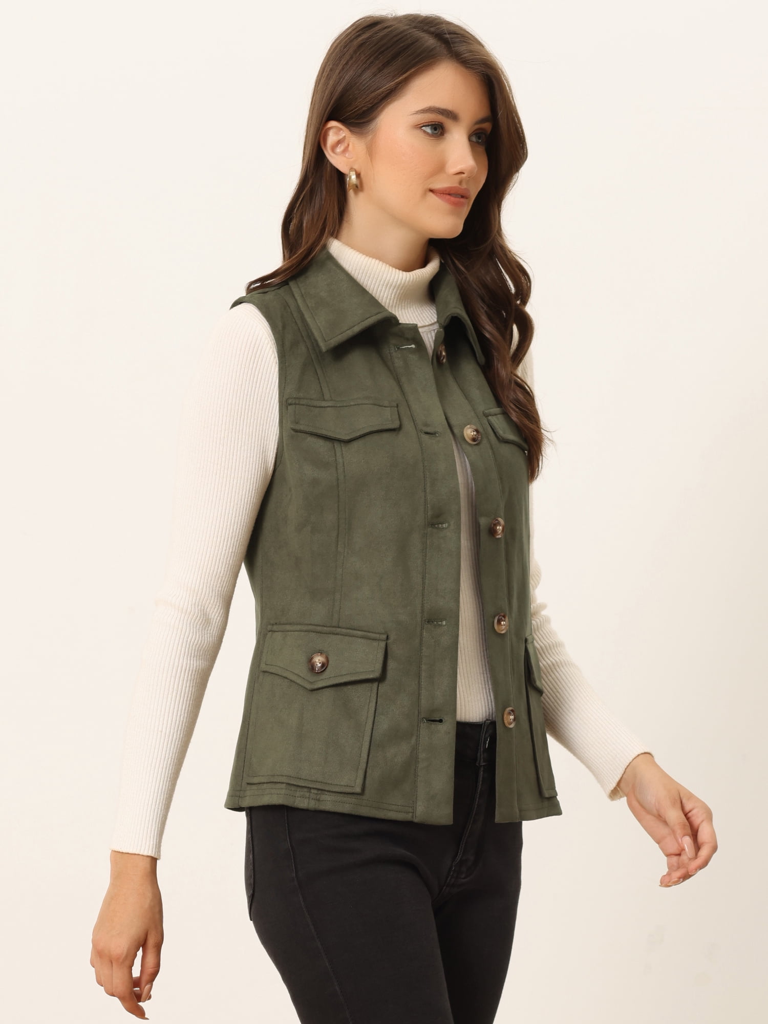 DARING DIVA Women's Rustic Button Up Utility Anorak Cargo Vest M Army Green