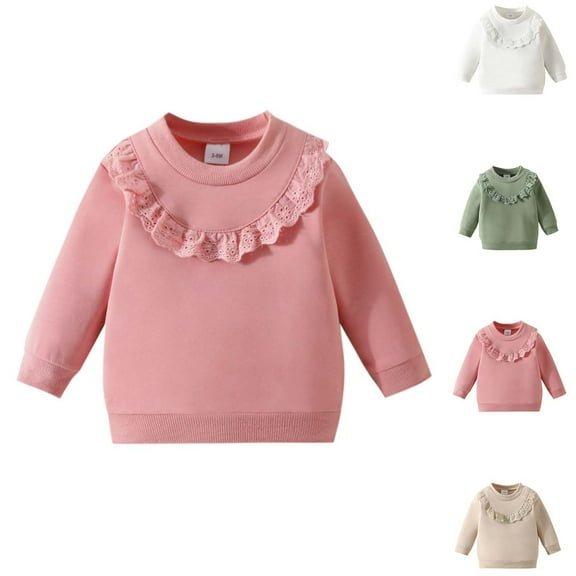 Swuxness Little Girls' Long Sleeve Sweatshirts, Toddler Winter Tops , Girls Solid Color Pullover Round Neck Lace Casual Sweatshirt for Kids Beige, 6-9 Months