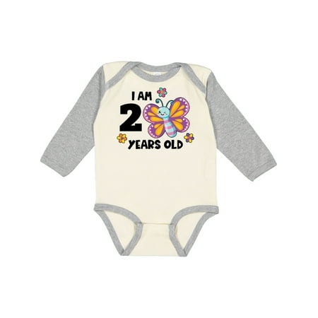 

Inktastic I am 2 Years Old Cute Smiling Butterfly with Flowers Gift Baby Girl Long Sleeve Bodysuit