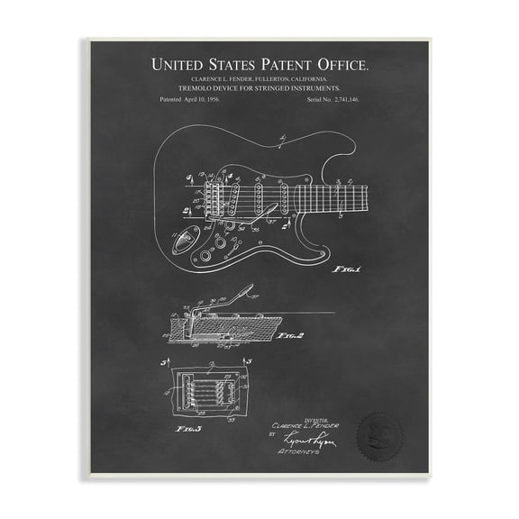 Stupell Industries Electric Guitar Instrument Musician Detailed Patent Blueprint Wood Wall Art, 10 x 15, Design by Karl Hronek