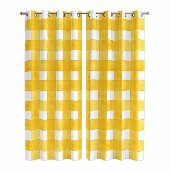 Kitchen Curtains 84 Inch Length 2 Panels, Yellow Plaid Grommets Window Treatment Curtain, Watercolor Grid Checker Gingham Farmhouse Thermal Curtains Drapes for Living Room/Bathroom