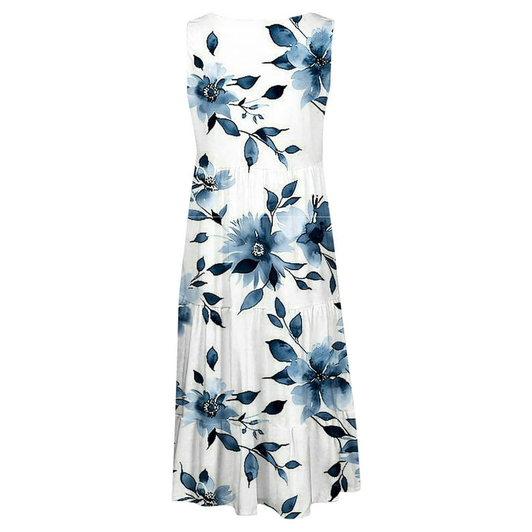 Puntoco Women Sleeveless Shift Dress Sundress Floral Print House Dresses for Women with Pockets Midi Cotton Dress for Women Blue 14(xxxl)
