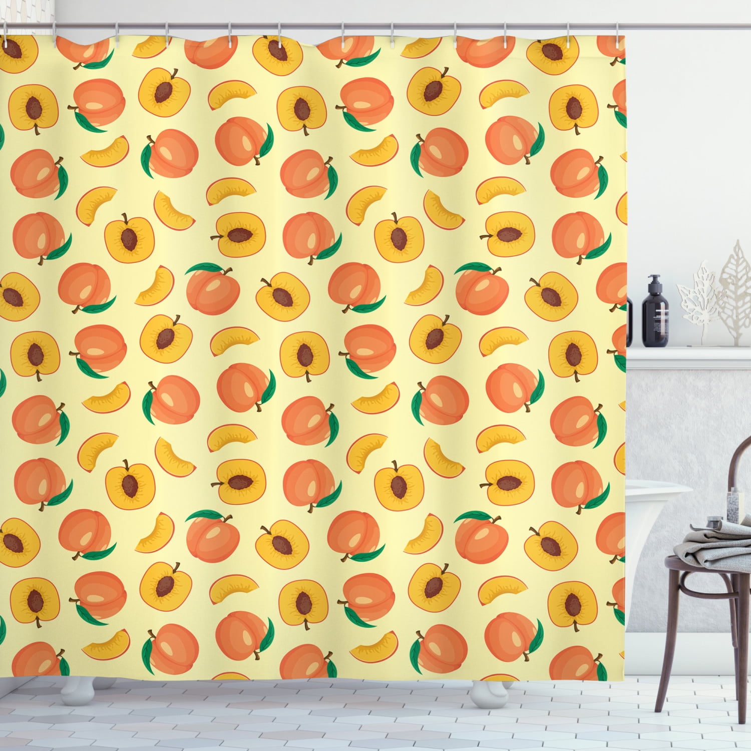 Peach Shower Curtain, Rhythmic Fresh Raw Sliced Fruits Warm Pastel
