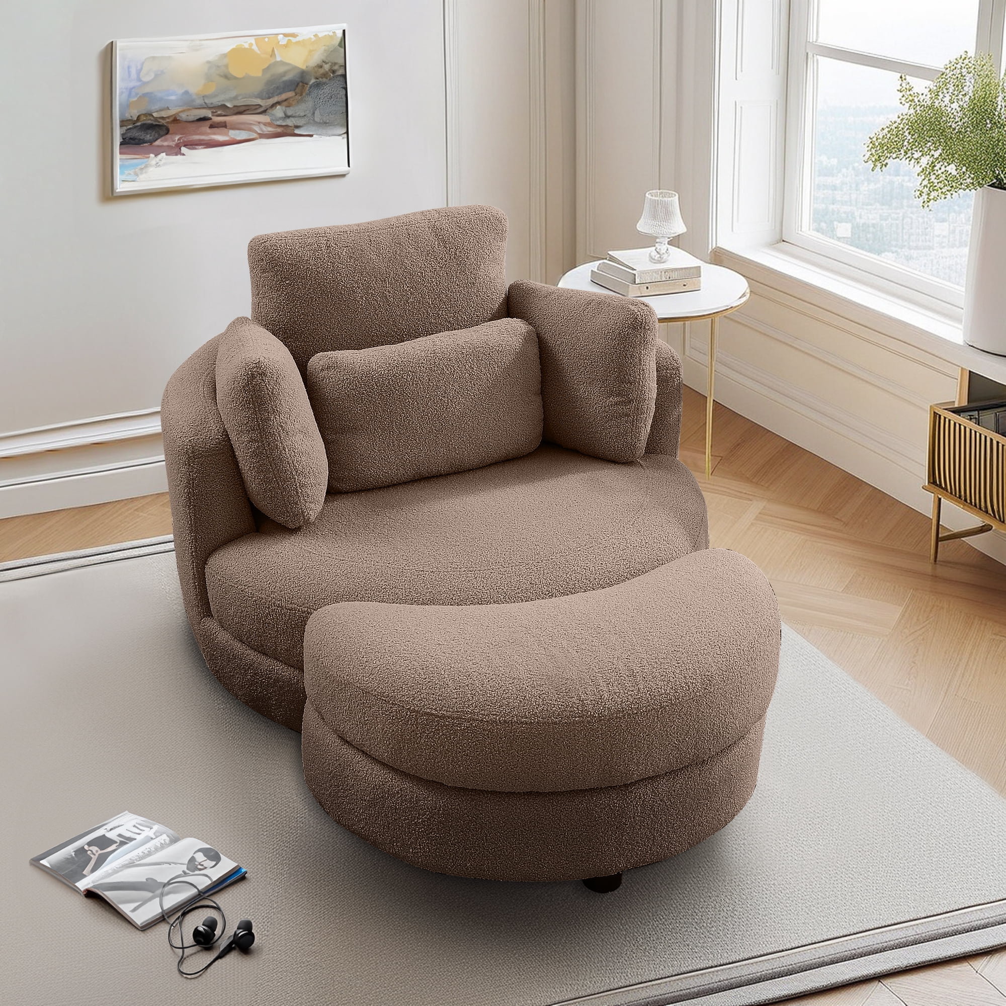 Dinosisco 39"W Oversized Swivel Accent Barrel Chair with Storage Ottoman, Brown Teddy