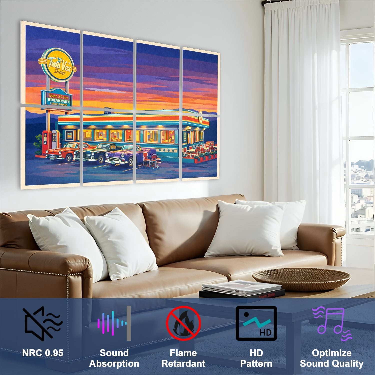 8 Pack Art Acoustic Panels Sound Absorbing american diner small town sunset Decorative Soundproof Wall Panels Self Adhesive for Nursery Game Room Bedroom 48"x32"