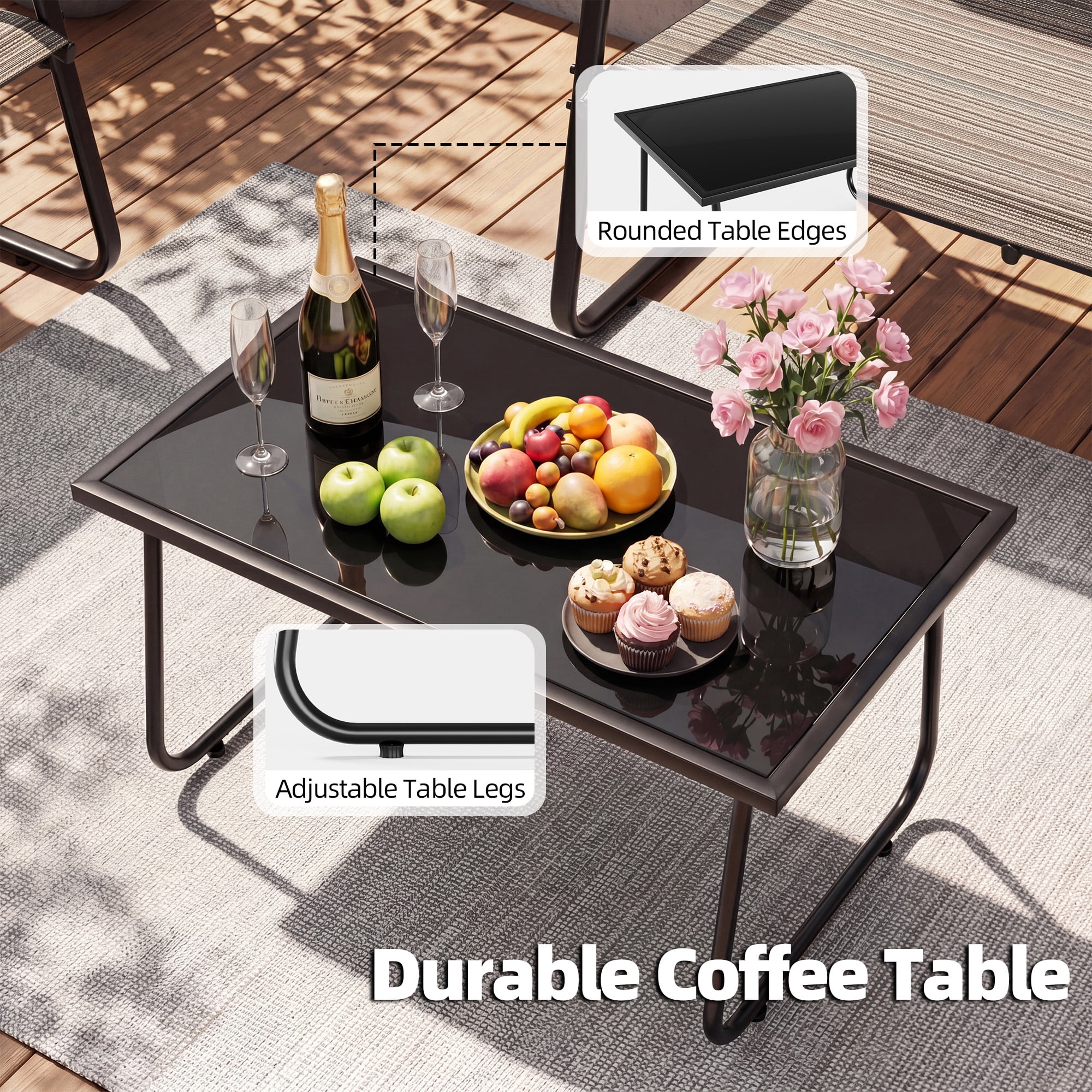 ALAULM 4 Pieces Outdoor Furniture Set All Weather Textile Fabric Patio Conversation Set w/Coffee Table, Loveseat, 2 Single Chairs for Patio, Yard, Garden, Lawn(Brown)