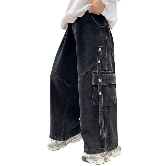 DHFJKG Boys Baggy Cargo Jeans With Multiple Pockets Distressed Washed Loose Fit Casual Denim Pants For Kids 4-14 Years Old Srteetwear Comfort Trousers