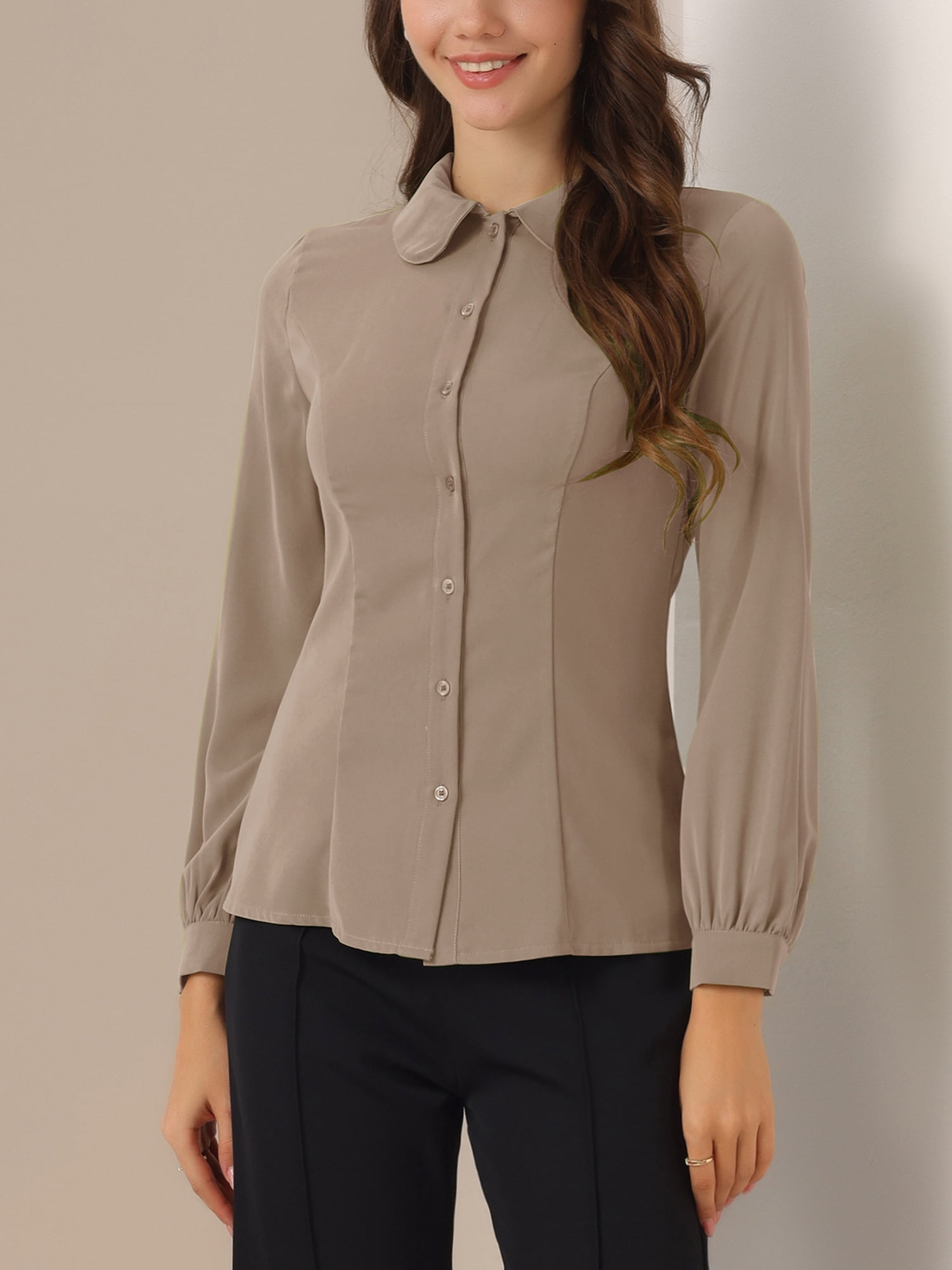 DARING DIVA Women's Peter Pan Collar Long Sleeve Button Down Work Shirts XL Coffee