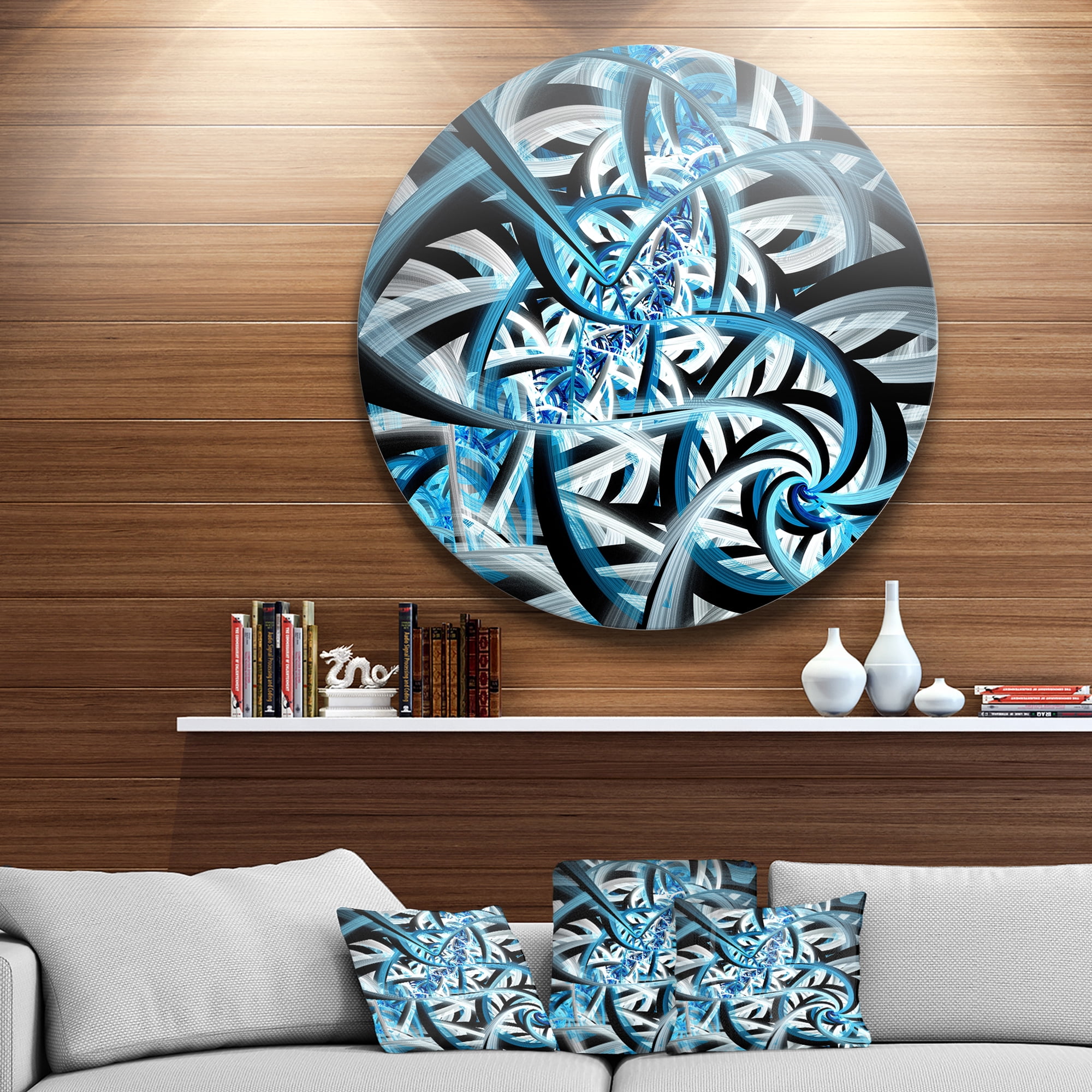Designart 'Blue Spiral Fractal Design' Disc Abstract Circle Metal Wall Art