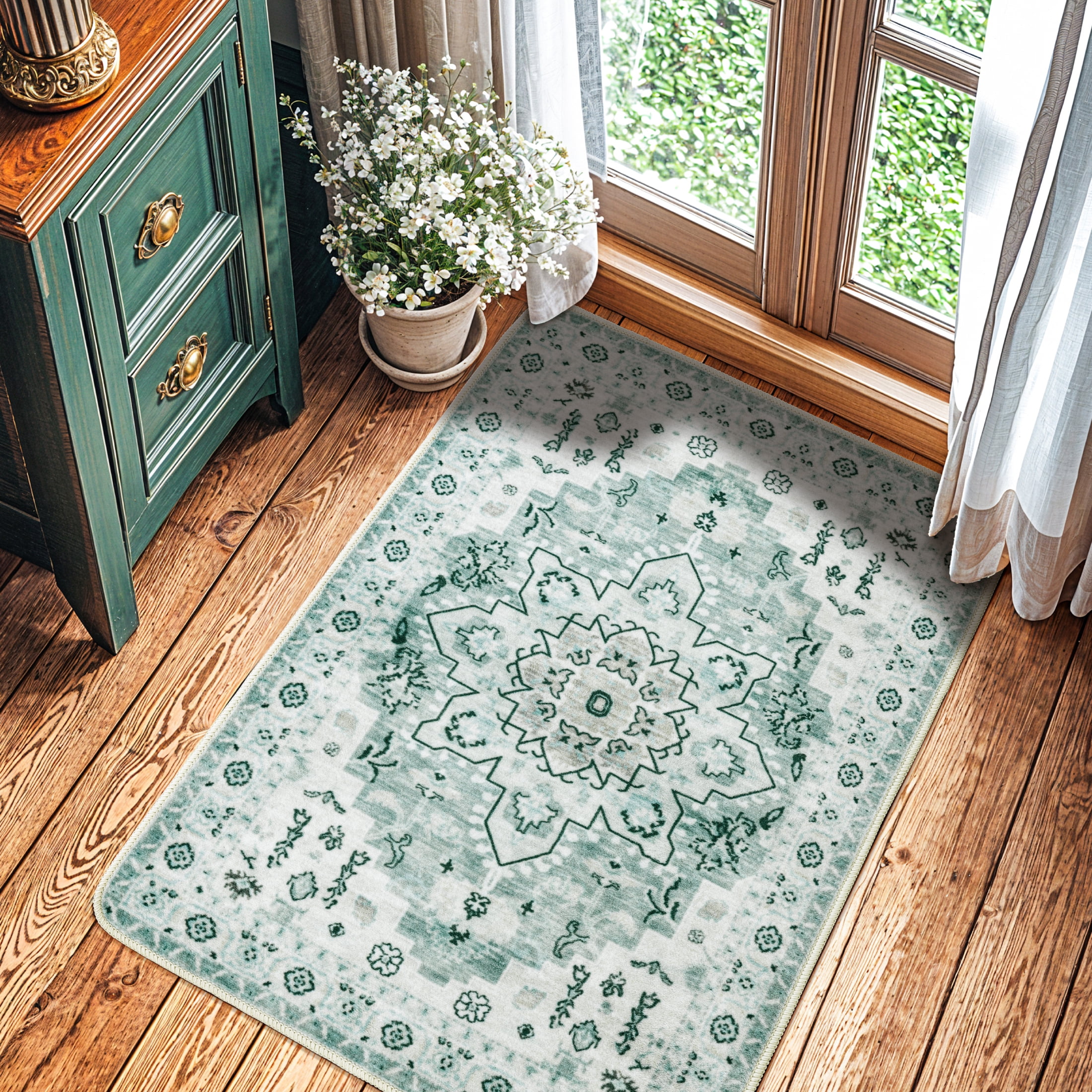 Sonoro Kate 2x3 Area Rugs for Living Room Bedroom, Non Slip Boho Machine Washable Indoor Floor Carpet, Green