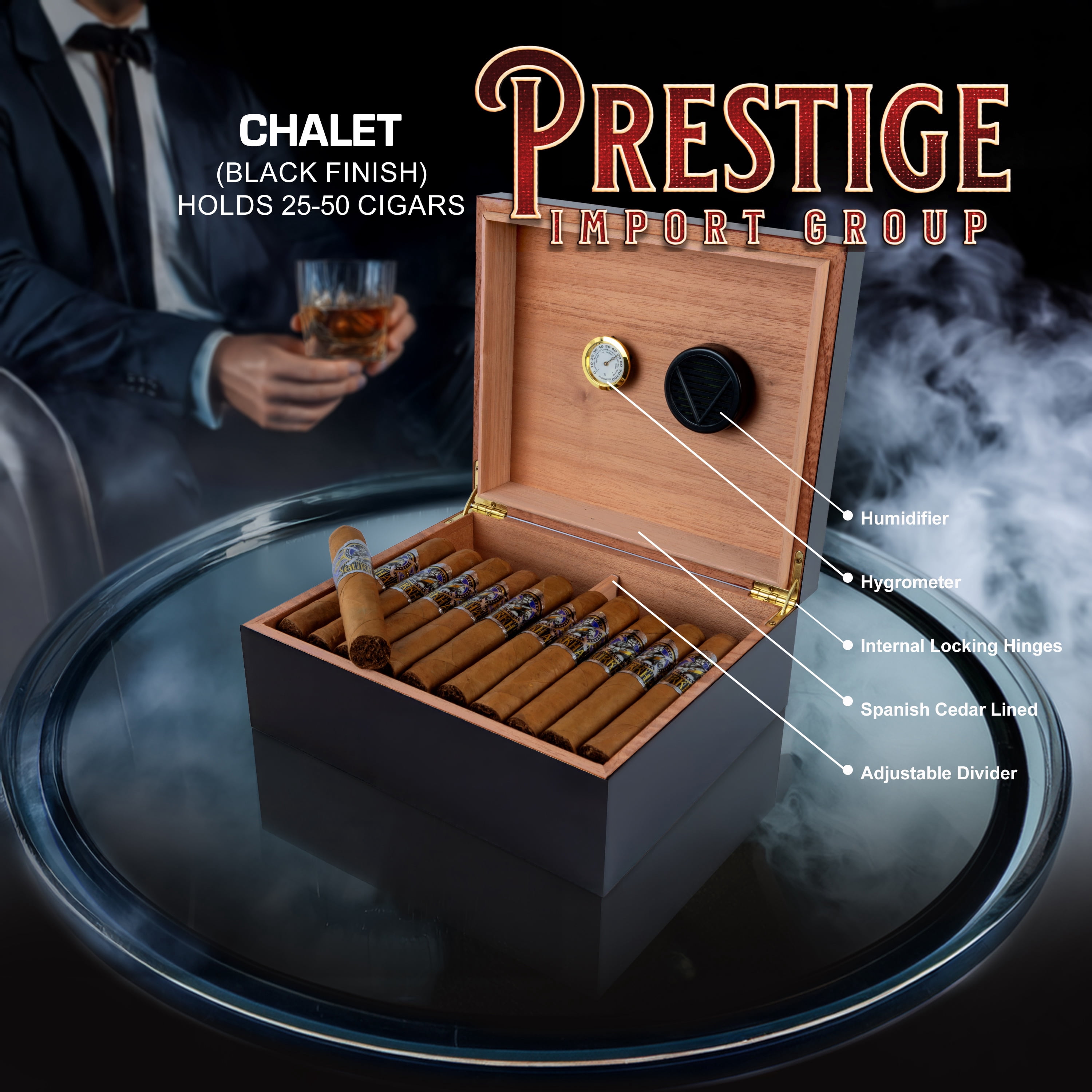 Chalet Desktop Cigar Humidor - Black Finish - Capacity: 25 to 50