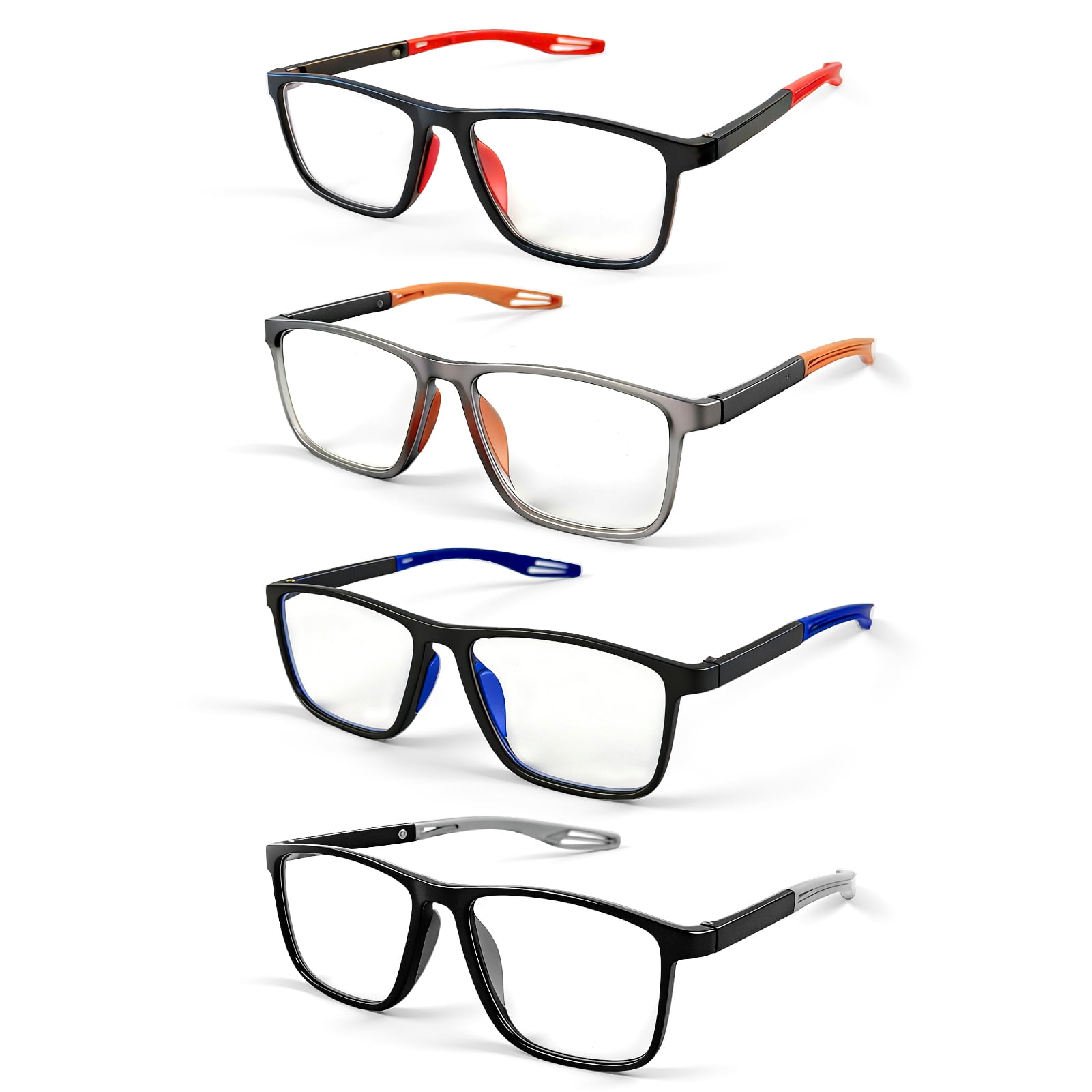 Amaopus 4 Pack Reading Glasses for Men, TR90 Lightweight Sporty Reader Glasses Men Women, Flexible Blue Light Blocking Computer Phone Glasses Anti Glare (Black+Orange+Blue+Red, +2.0)