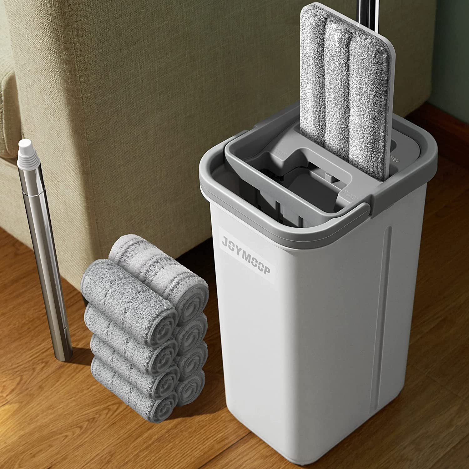 XINQIHANG Mop and Bucket with Wringer Set, Hands Free Flat Floor Mop and Bucket, with 8 Washable Microfiber Pads and Extended Mop Handle, Wet and Dry Use, Floor Cleaning System