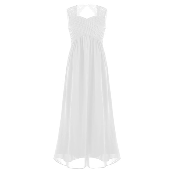 inhzoy Girls Floral Lace Dress Kids A Line Sleeveless Full Length Wedding Pageant Party Chiffon Gown White 16