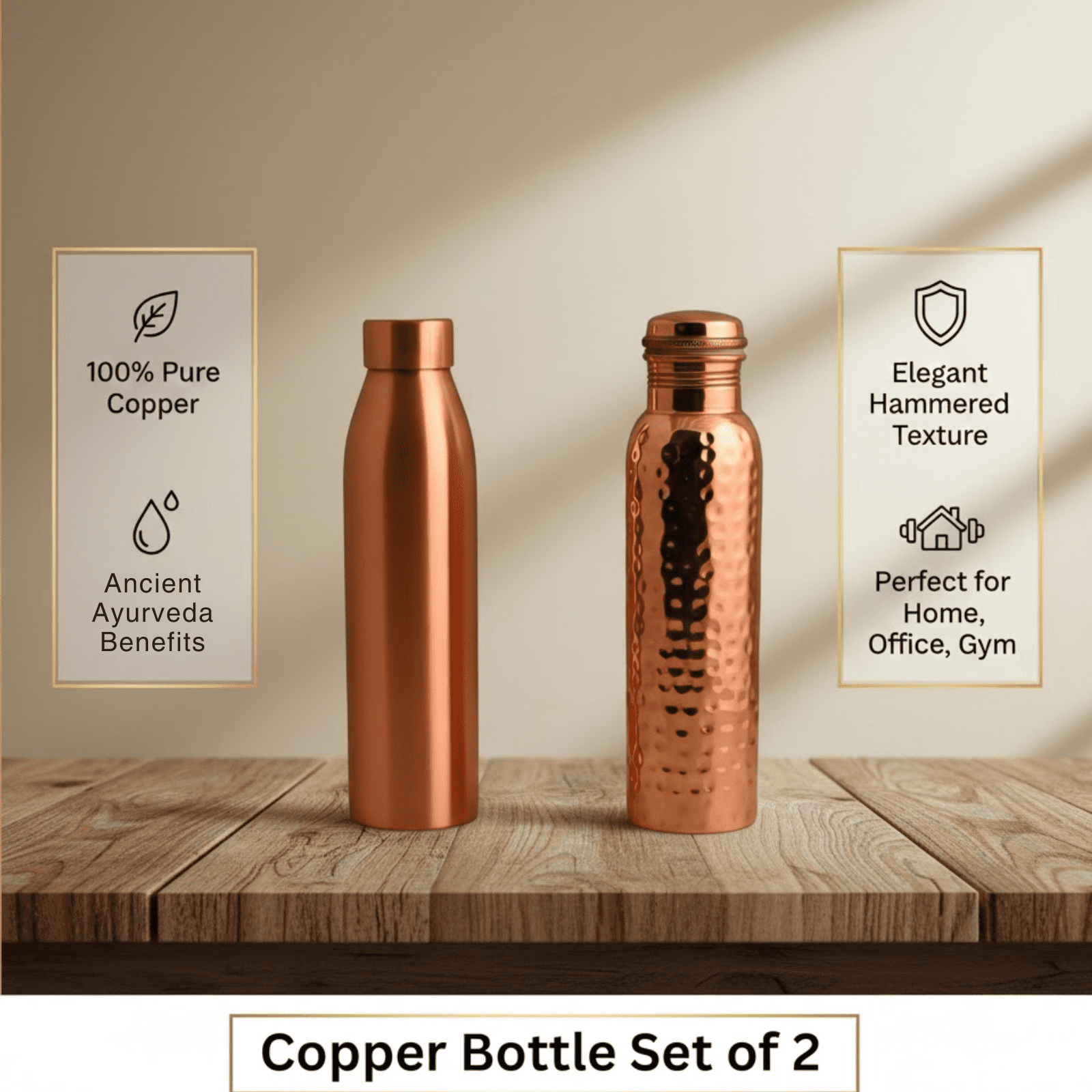 Mayur Exports Copper Set of 2 Water Bottles | Copper Water Bottle | Travel Water Bottle | Ayurvedic Health Benefits Copper Bottle 32 OZ Water Bottles
