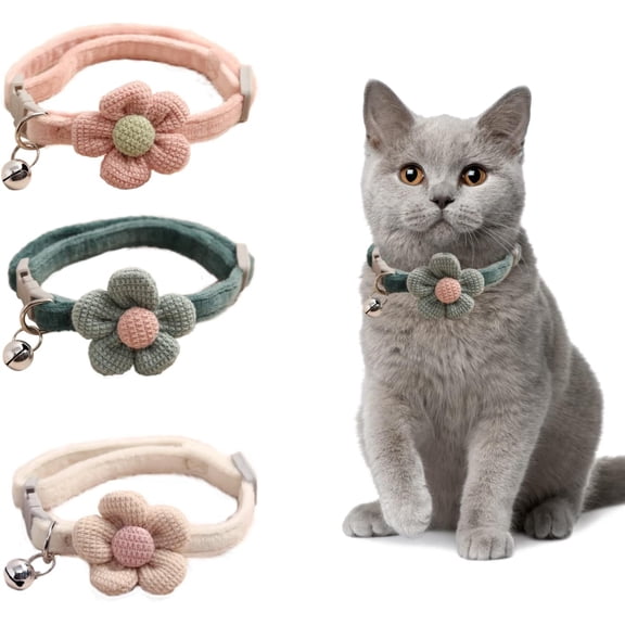 Kiibsot 3 PCS Kitten Collar with Bell Cat Collar with Flower Charms Adjustable Suede Cute Cat Collar for Puppy Cat (Pink, Beige, Green)