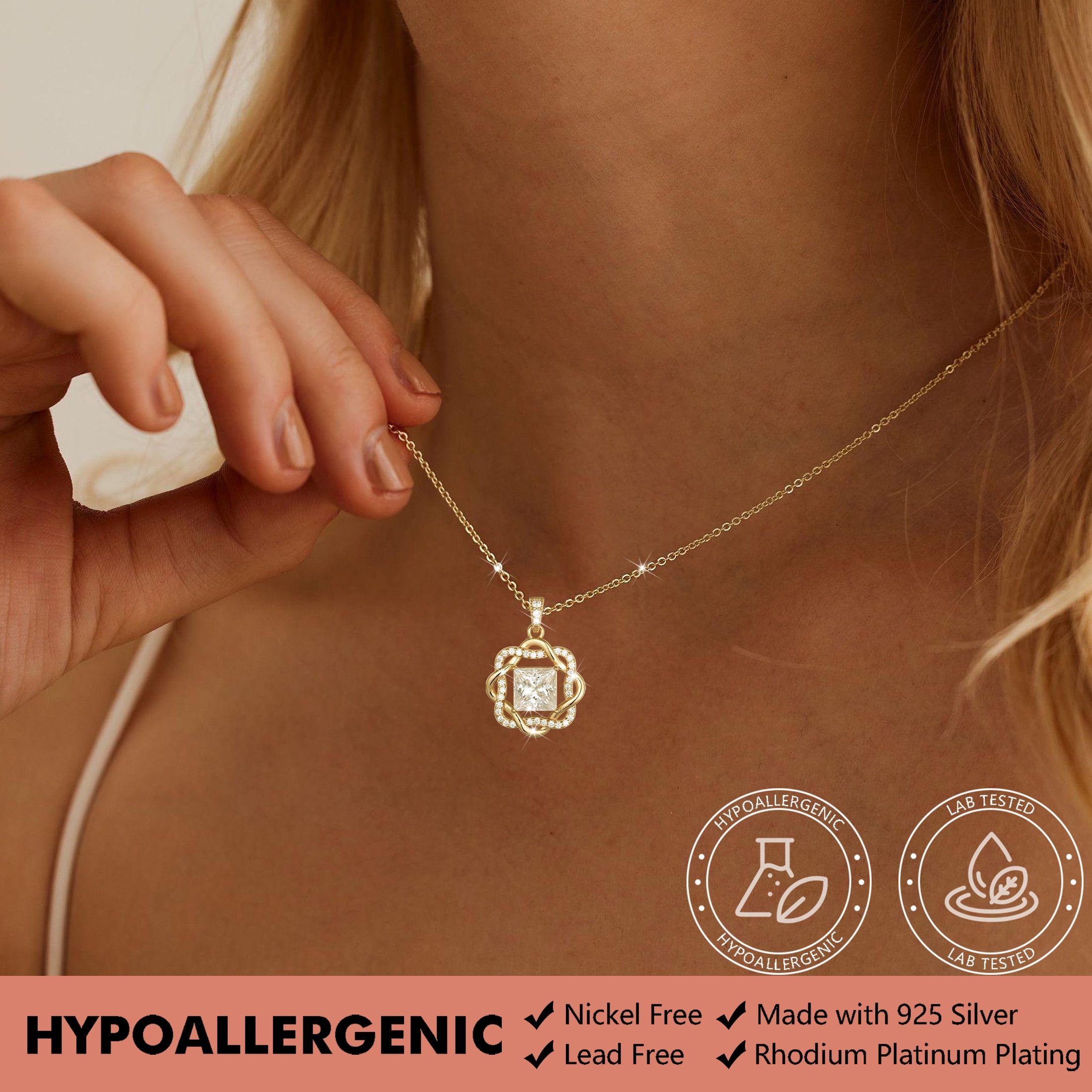 Beautlace Moissanite Necklace for Women,2 Carat D VVS1 Square Cut, 14K Gold Plated 925 Sterling Silver Starflower Pendant Jewelry Gift for Birthday Christmas Anniversary Wedding