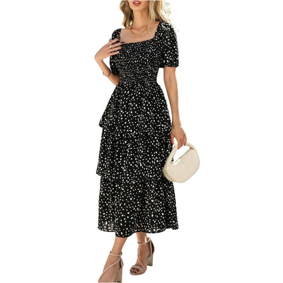 GXIPO Women Casual A Line Bohemian Floral Dress Short Sleeve Tiered Chiffon Long Maxi Summer Beach Swing Dress Black L