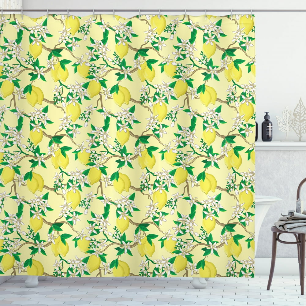 Lemons Shower Curtain, Blooming Lemon Flowers on Tree Branches with