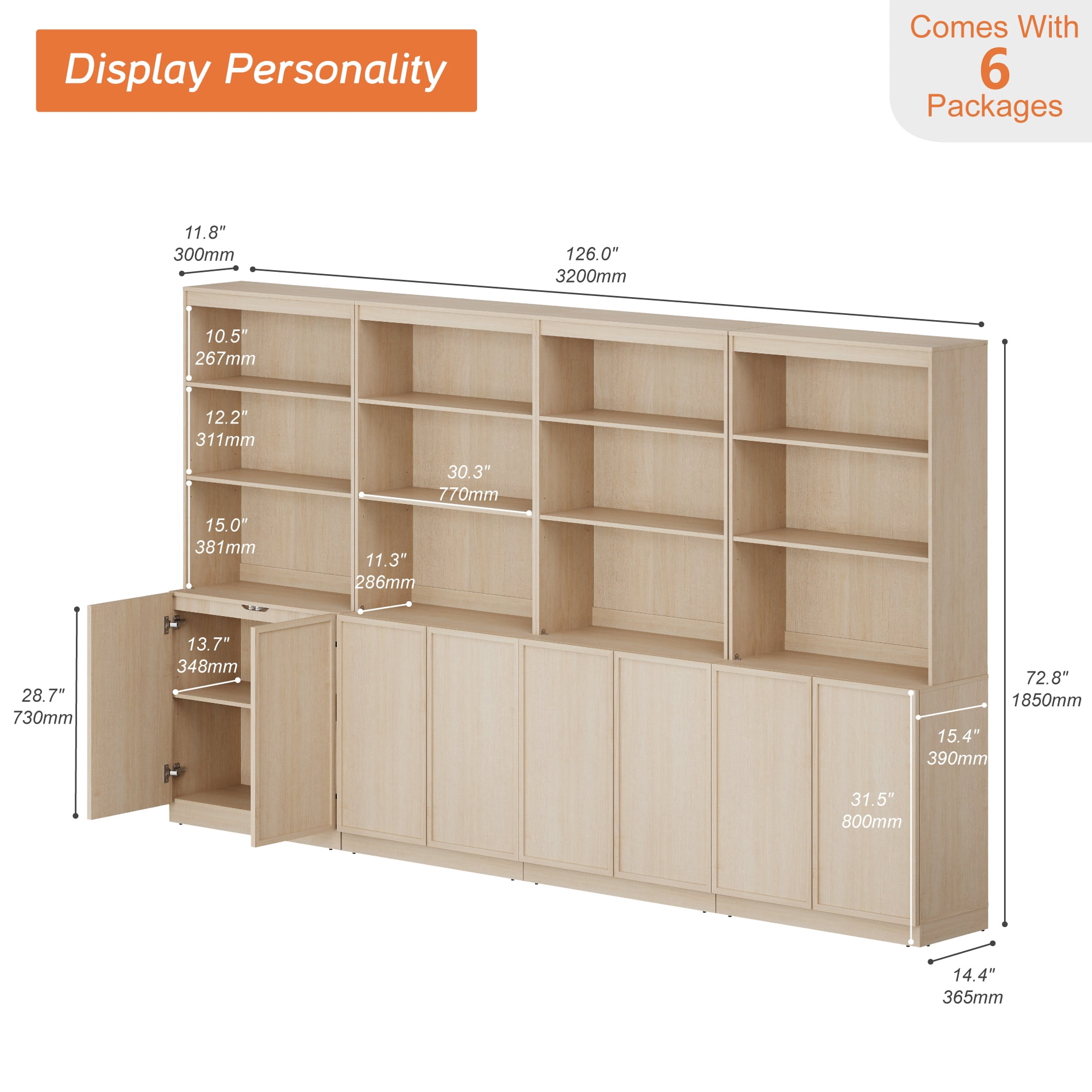 Modern 72" Tall Bookshelf with Storage Cabinet and Open Book Shelves, Wood Book shelf for Home Office, Living room,Beige