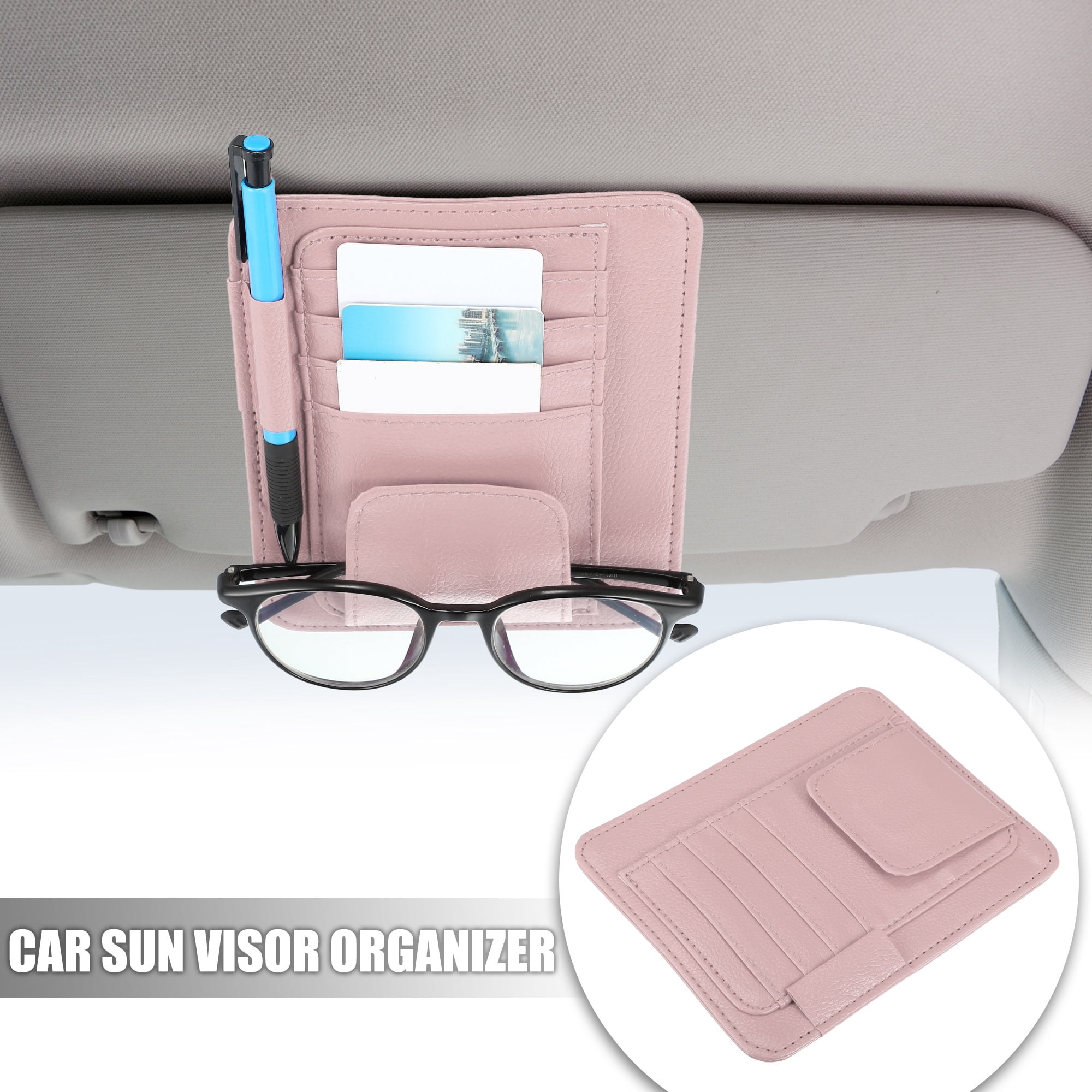 Unique Bargains PU Leather Car Sun Visor Organizer Glasses Holder and Card Holder Pink