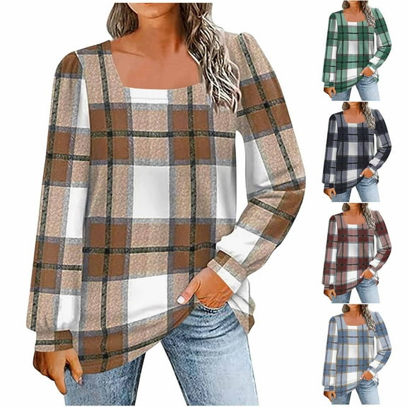 LSLJS Flannel Shirt for Women Square Neck Long Sleeve Pullover Sweatshirt Casual Fashion Basic Plaid Printed Shirts Fall Outfits, S-2XL