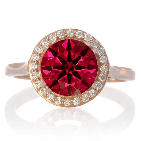 1.25 Carat 6mm Round Cut Halo Classic Moissanite Diamond And Red Ruby Engagement Ring on 10k Rose Gold