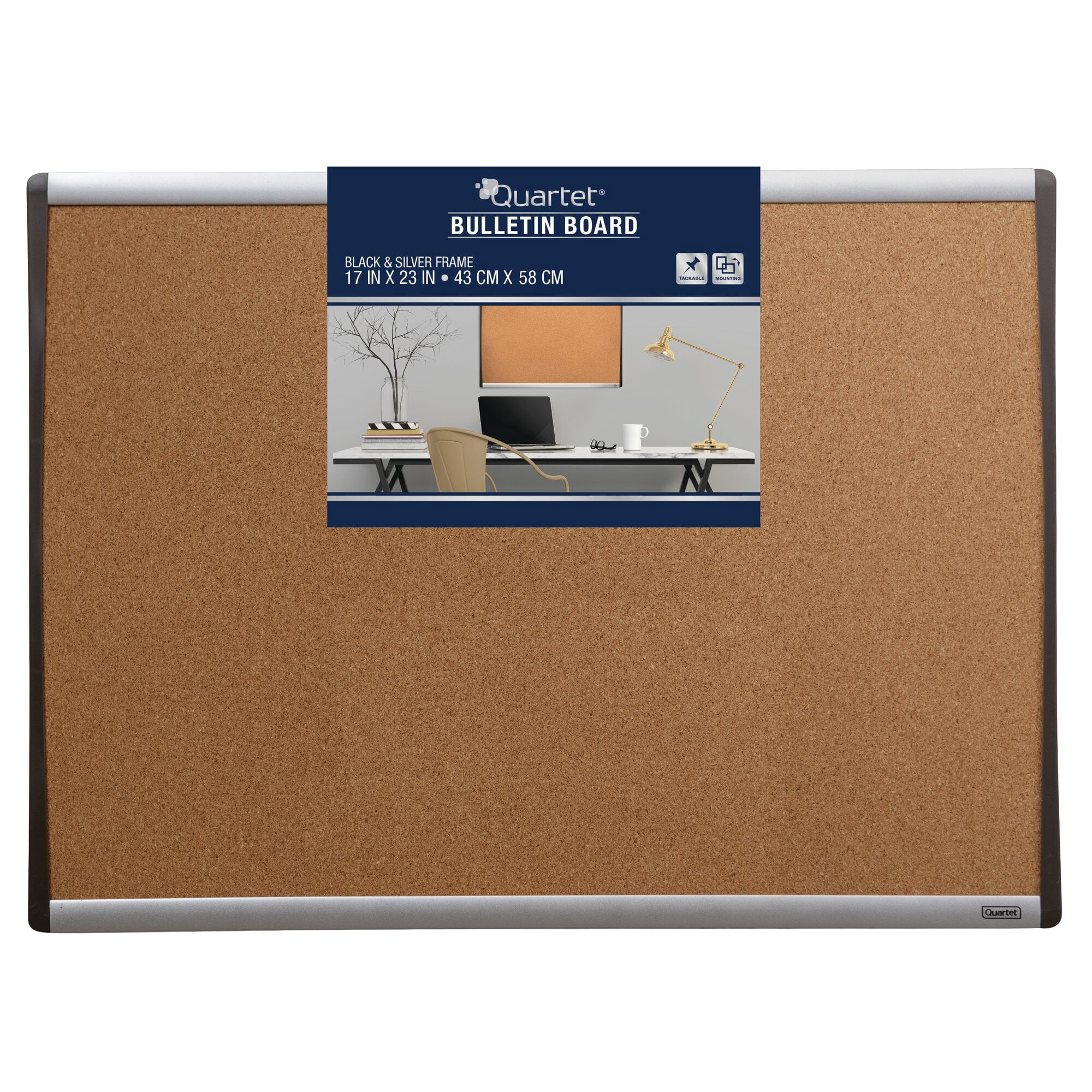 Quartet Cork Bulletin Board, 17" x 23", Black and Silver Frame