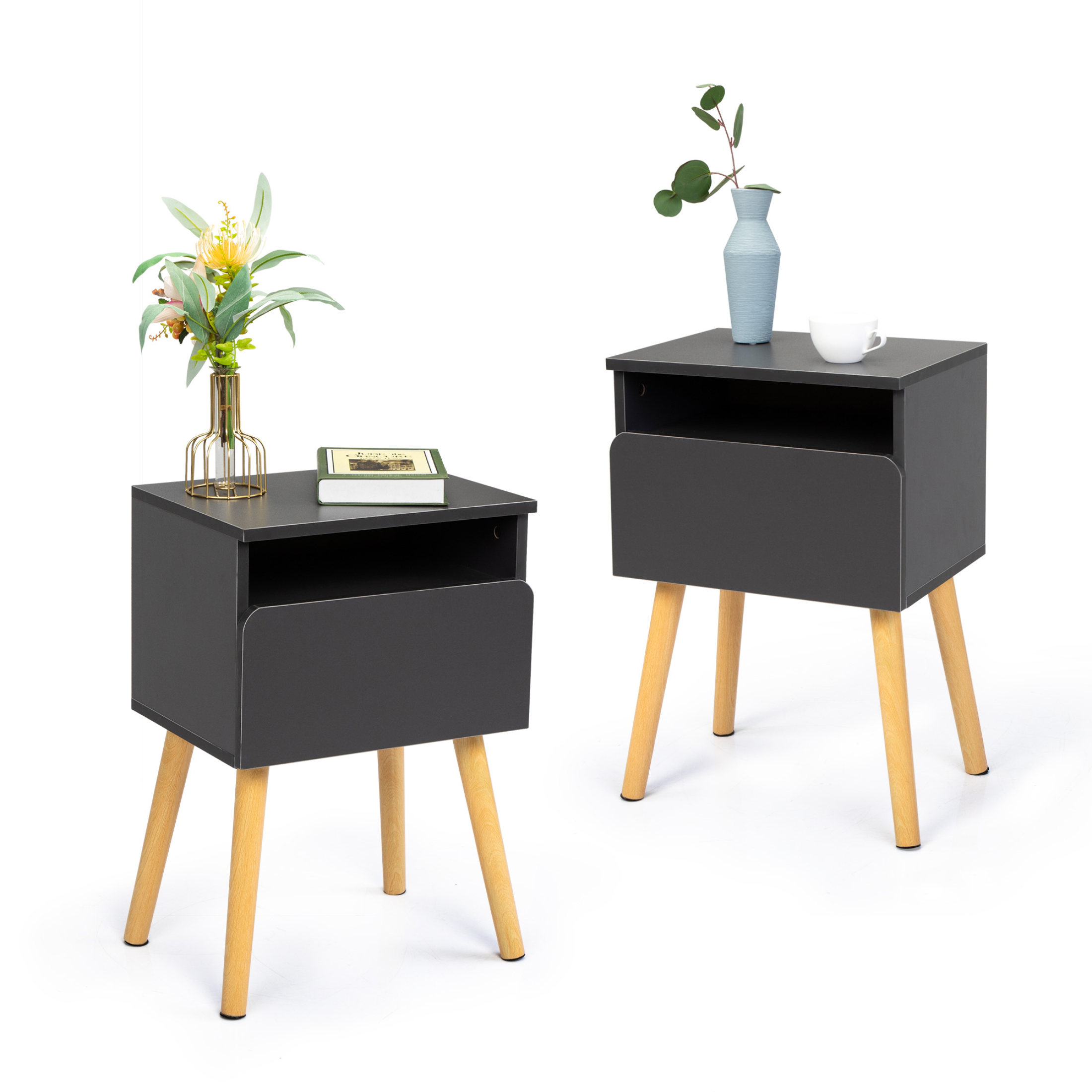 Set of 2 Modern Nightstand, Bedroom Endtable with Drawer, Shelf