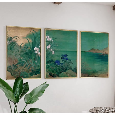 Floral Coastal Landscape Japanese Ink Wall Art Print Coastal Decor