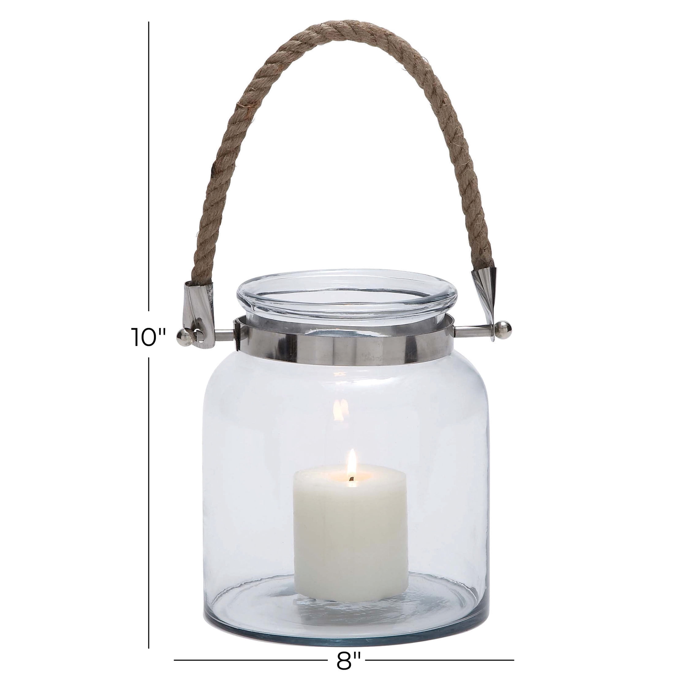 DecMode Clear Glass Handmade Decorative Candle Lantern with Rope Handle