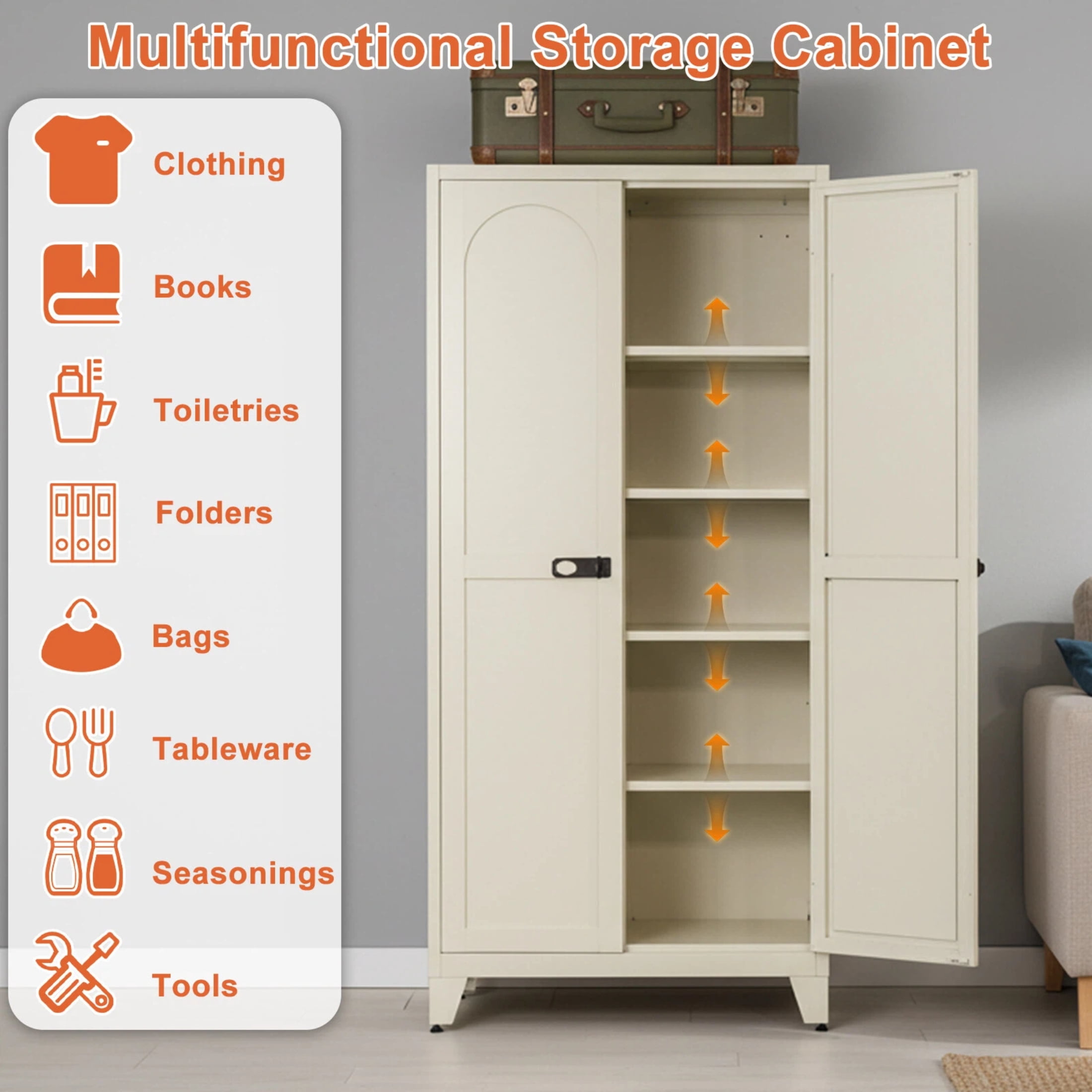 AISWORD 71" Tall Metal Storage Cabinet with Adjustable Shelves, Lockable 2 Doors Steel Cabinet for Office, Garage, Utility Room, Kitchen Storage, Cream