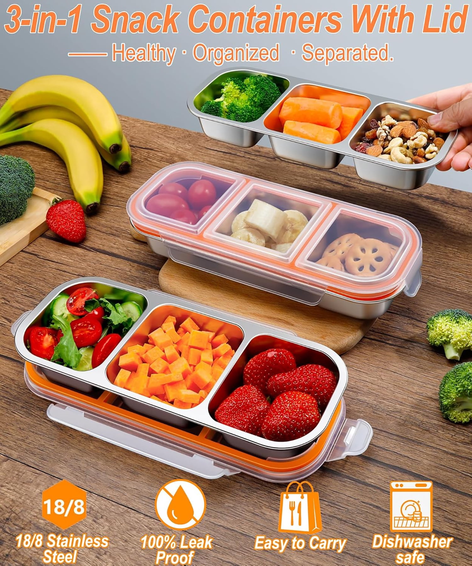 3pcs Stainless Steel Bento Box, Reusable Stainless Steel Snack Containers For Office, Outdoor picnic