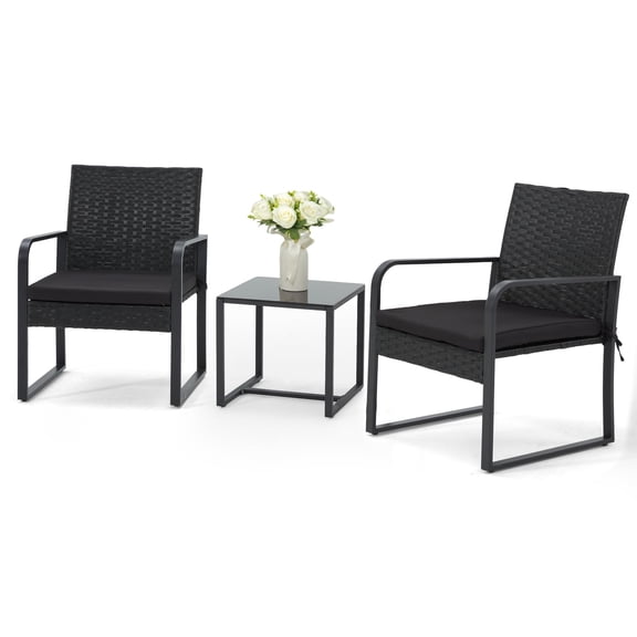 3 Piece Outdoor Patio Furniture Set, Patio Bistro Set Wicker Conversation Set, Modern Rattan Chair with Glass Coffee Table for Backyard, Porches, Poolside, Lawn and Balcony