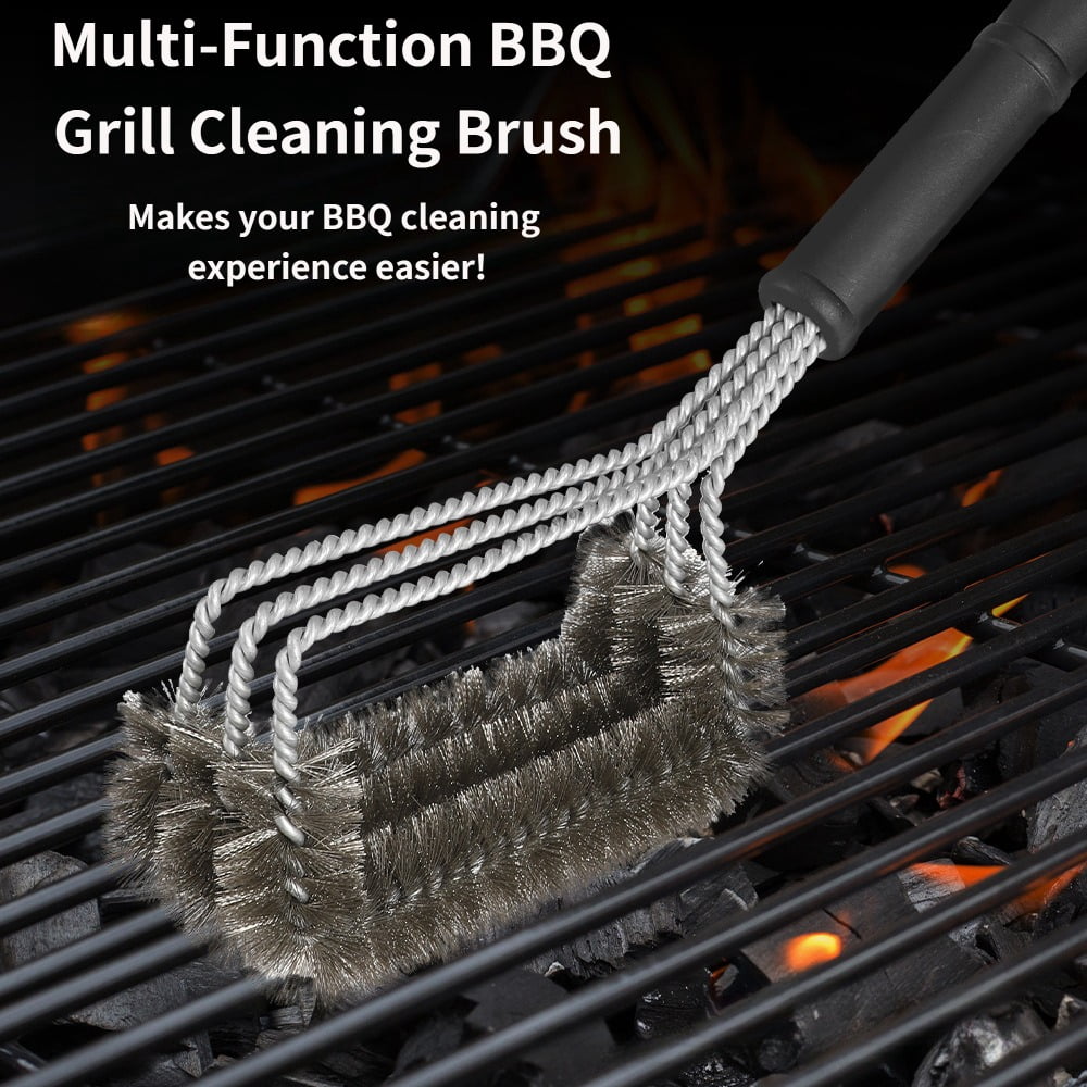 3‑Head BBQ Grill Cleaning Brush, Stainless Steel Wire Brush for Grill Grate, Oven Rack, Heat Resistant Barbecue Scraper for Outdoor Cooking