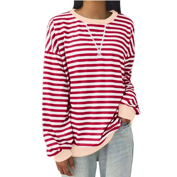 aidice T Shirts for Women Casual Crewneck Long Sleeve Loose Comfy Striped Drop Shoulder Oversize Shirts