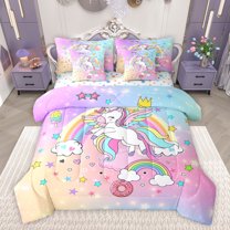 Feelyou Dreamy Unicorn Kids Bedding Comforter Set 7 Pieces, Cartoon Rainbow Cloud Full Bedding Set, Glitter Stars Print Reversible Fitted Sheet Flat Sheet, Microfiber Bedroom Decor