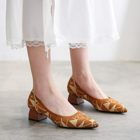 

Women Shoes Spring 2022 Autumn Chunky High Heels Shoes Leopard Stretch Knitted Printing Pumps Pointed Toe Slip on Lady Office