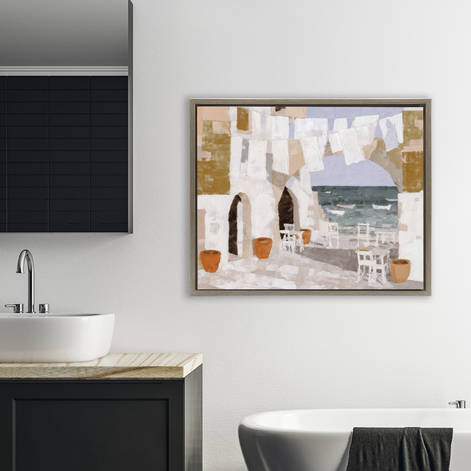 Stupell Industries Coastal Village Plaza Laundry Brown Framed Floater Canvas Wall Art, design by Chromatic Storm Studio