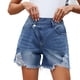 thumbnail image 1 of Pantalones cortos de mezclilla rasgados for mujer, pantalones cortos de mezclilla irregulares de talle alto con borde crudo desgastados con pantalones cortos de doble botón, 1 of 7