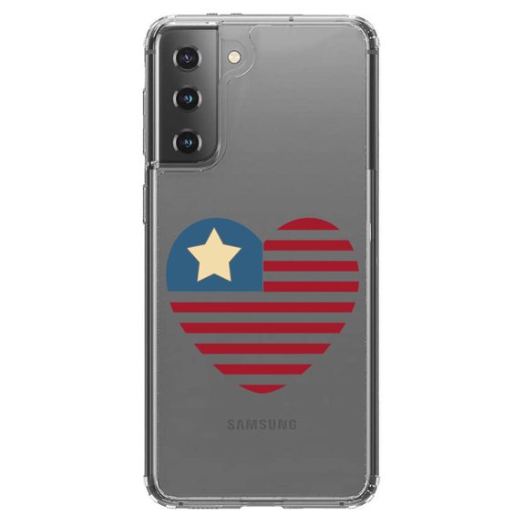 DistinctInk Clear Shockproof Hybrid Case for Galaxy S21 5G (6.2" Screen) - TPU Bumper Acrylic Back Tempered Glass Screen Protector - USA Heart Seal Single Start Flag