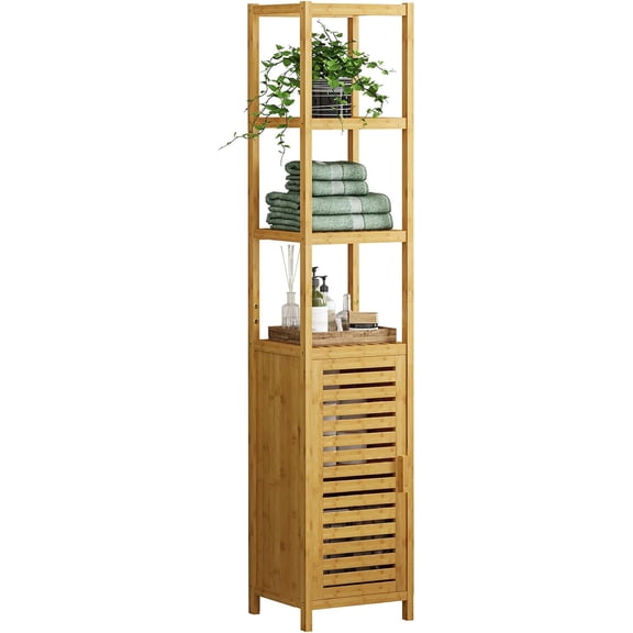 Storage Tall Slim Cabinet with Shutter Door and 3 Tier Shelves, Freestanding Linen Tower Cabinet for Living Room, Kitchen, Bathroom Organizer, Natural Bamboo
