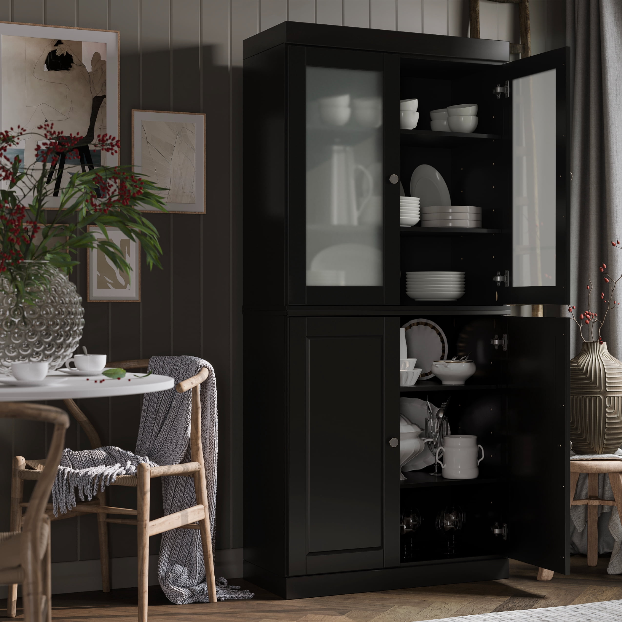 Palace Imports 100% Solid Wood 32" Pantry Cabinet with Solid, Frosted Glass Doors and Adjustable Shelves, Black