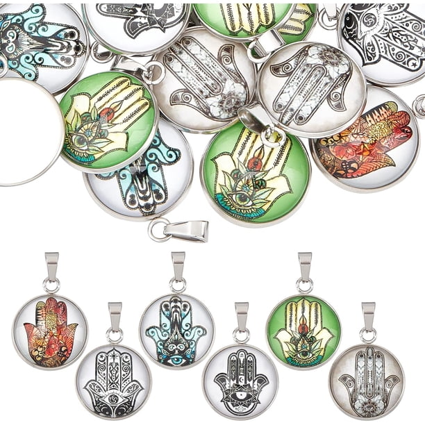 24 colgantes de mano de Fátima de acero inoxidable en 6 colores, cuentas redondas planas, dijes para mujer, collares, pulseras, pendientes, adornos para el cabello, fabricación de joyas.