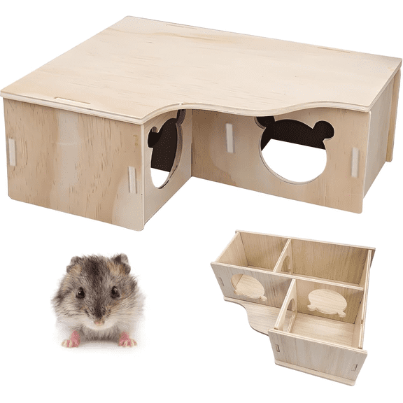 Wooden Hamster Hideout, Multi-Chamber 3-Room Hamster House with Removable Lid for Gerbil Small Pet Cage Decor