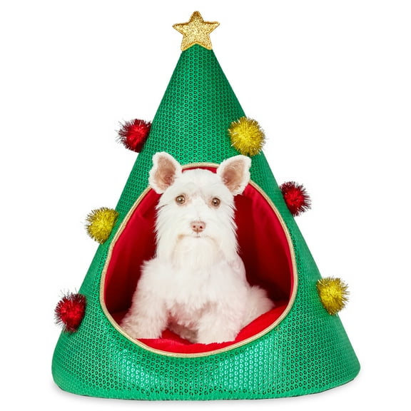 Vibrant Life Christmas Tree Small Holiday Pet Bed, Green and Red, 16" x 19"