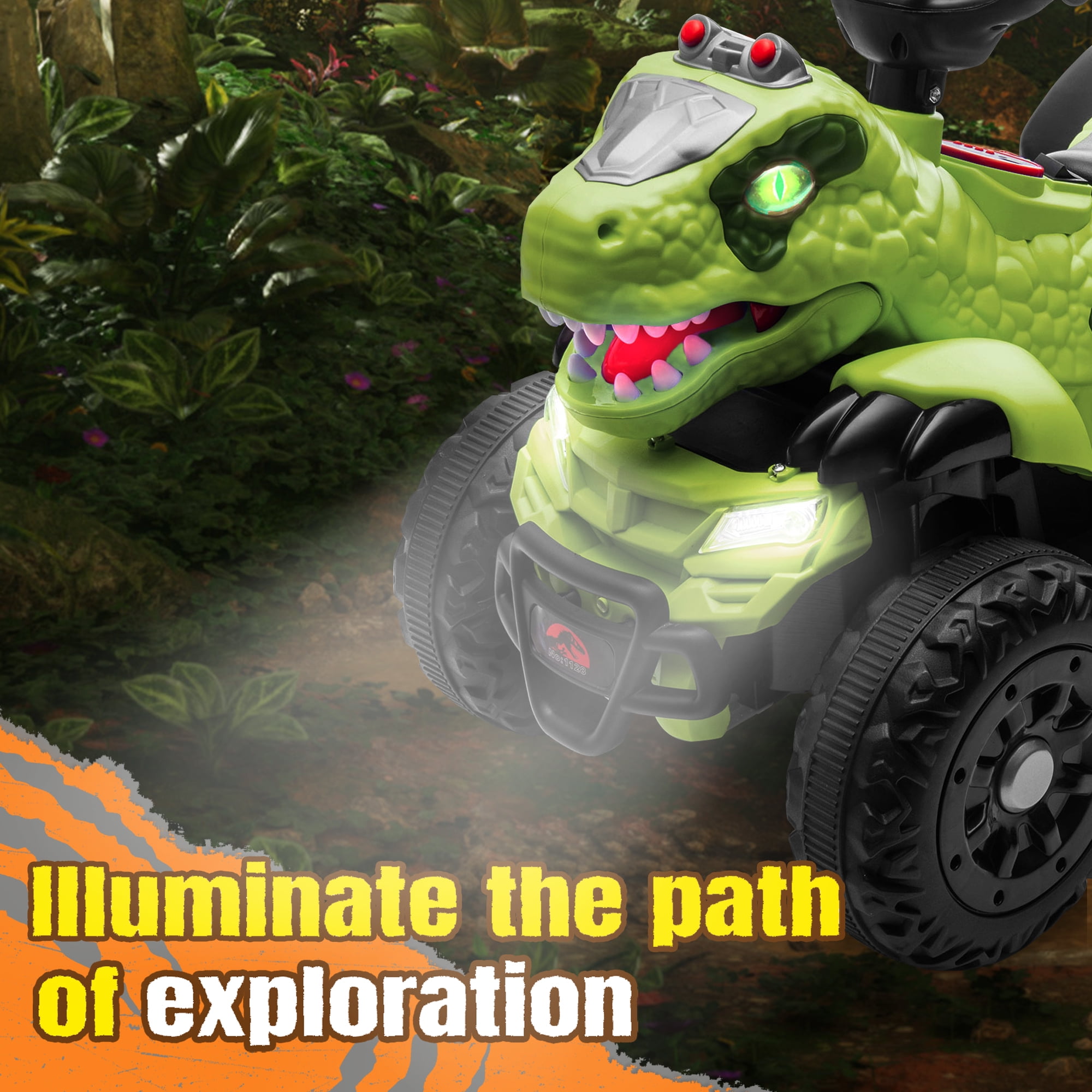 SUSIELADY 12V Kids Dinosaur Ride on ATV, Quad 4 Wheeler Dinosaur Design, Electric Ride on Toy, Music Early Education Function, Power Display, Safe Driving, Outdoor Toy for Boys Girls Aged 2-6, Green