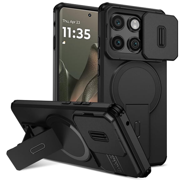 Asuwish Magnetic, Kickstand, Slide Camera Cover TPU, Plastic, Metal Hard Shell Fashion Cell Phone Case for Motorola Moto Edge 2025, Black