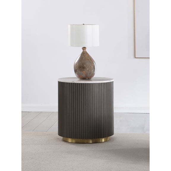 White Marble Round Side End Table with Charcoal Ribbed Frame and Gold Base for Living Room, 22 x 22 x 24.25